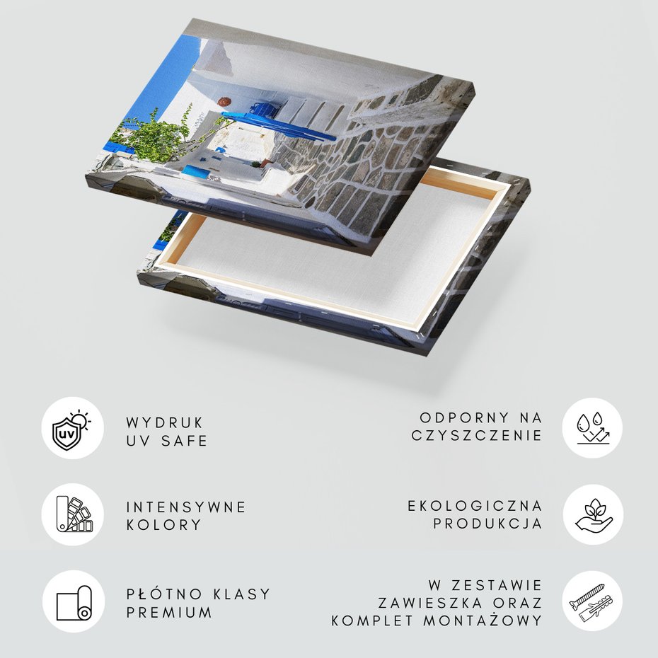 Obraz na płótnie - uliczka, białe budynki, niebieskie akcenty