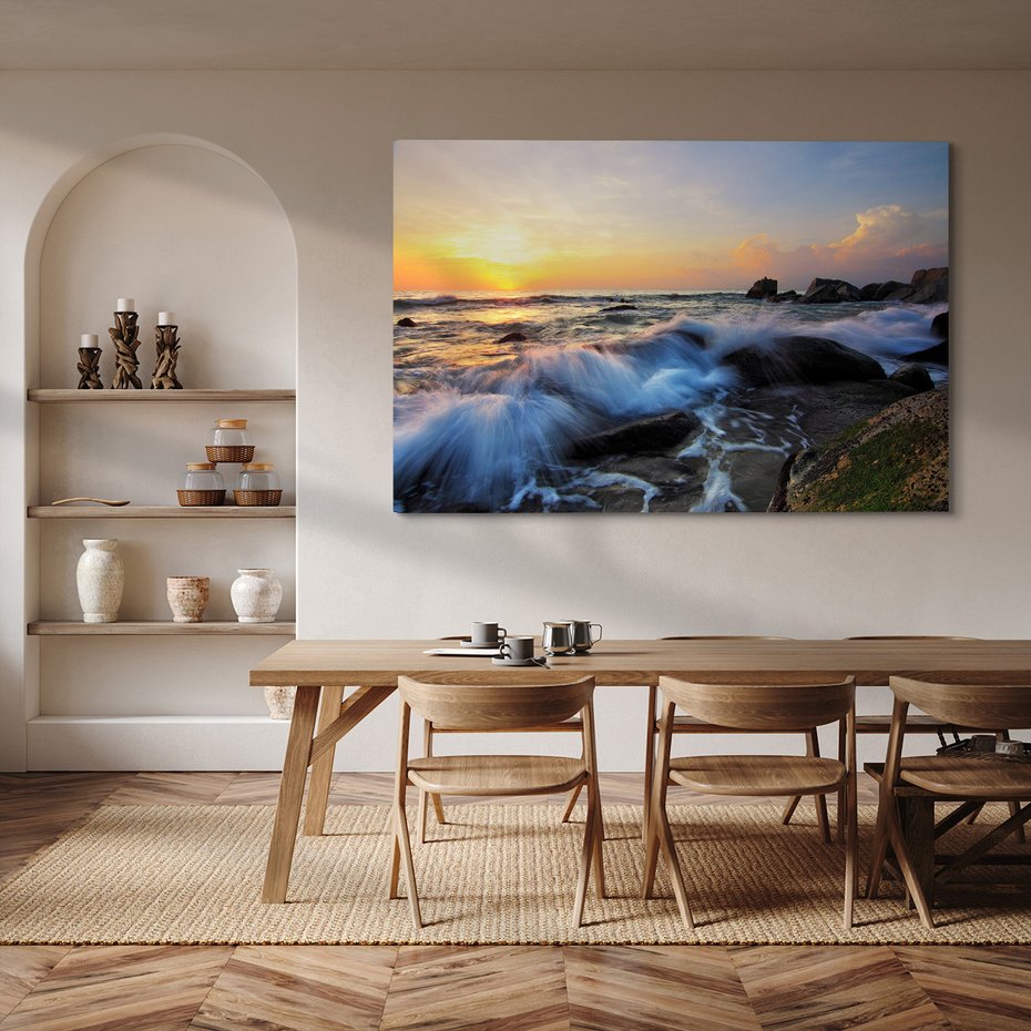 Obraz na płótnie - morze, fale, zachód słońca