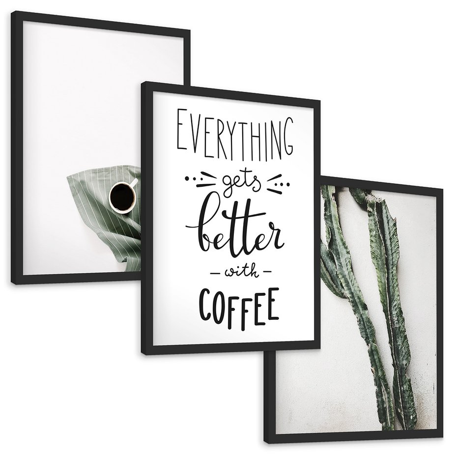 Zestaw obrazy w ramie, plakaty - kawa, kaktus, napisy - rama czarna