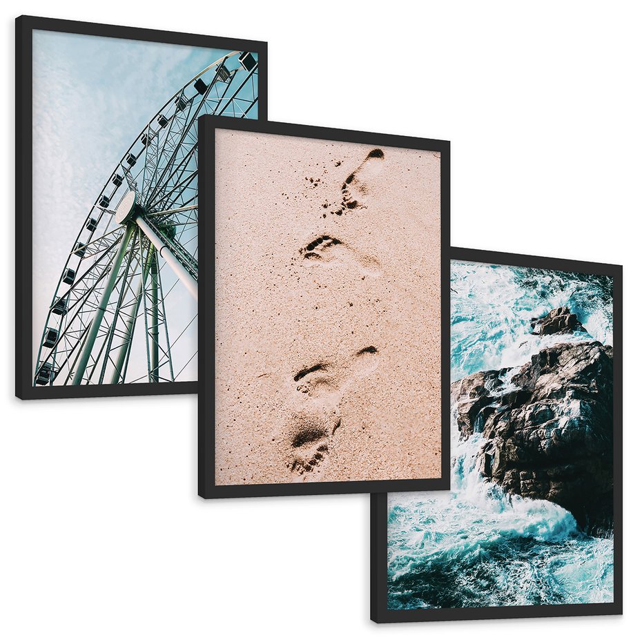 Zestaw obrazy w ramie, plakaty - atrakcje, piasek, morze - rama czarna