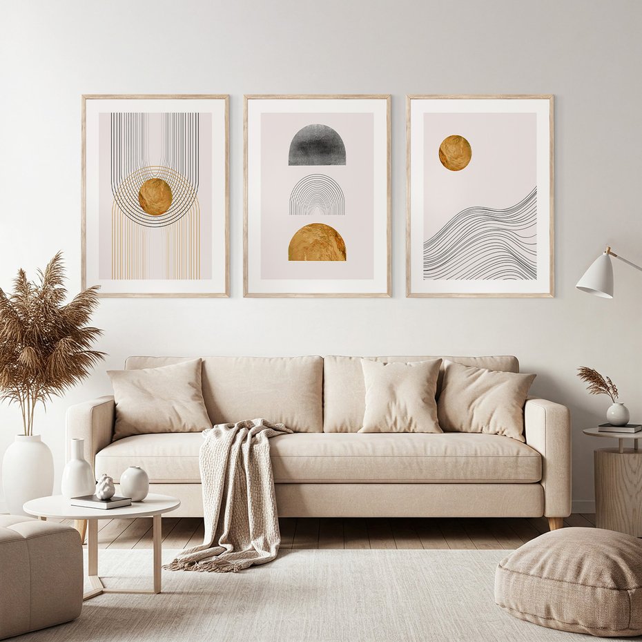 Zestaw obrazy w ramie, plakaty - abstrakcja, geometryczne, linie - rama drewno
