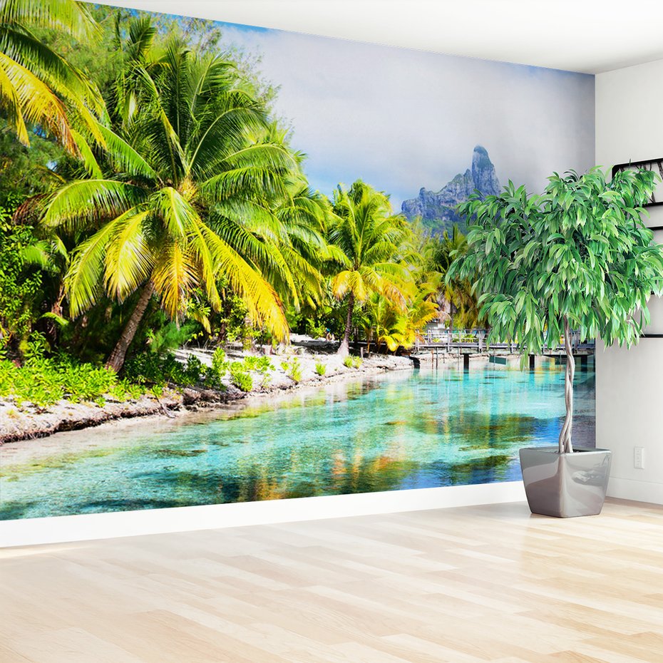 Fototapeta - palmy, woda, góry