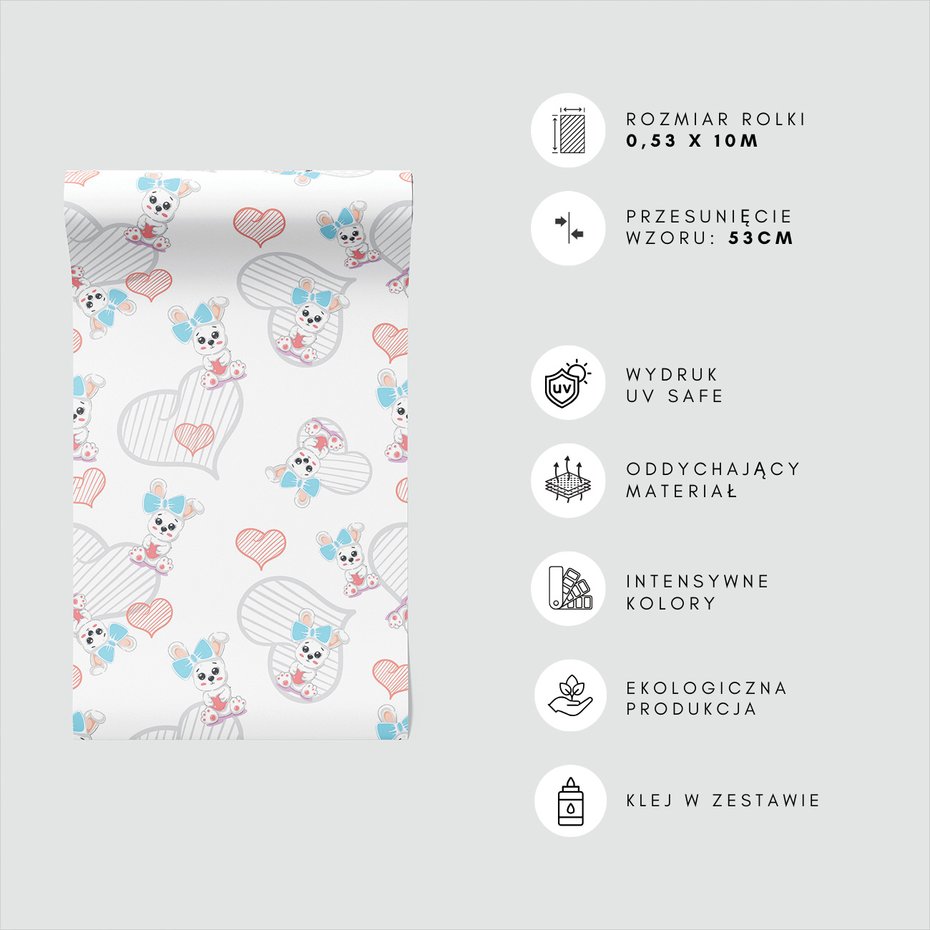 Tapeta - dziecięca, królik, serce, kokarda