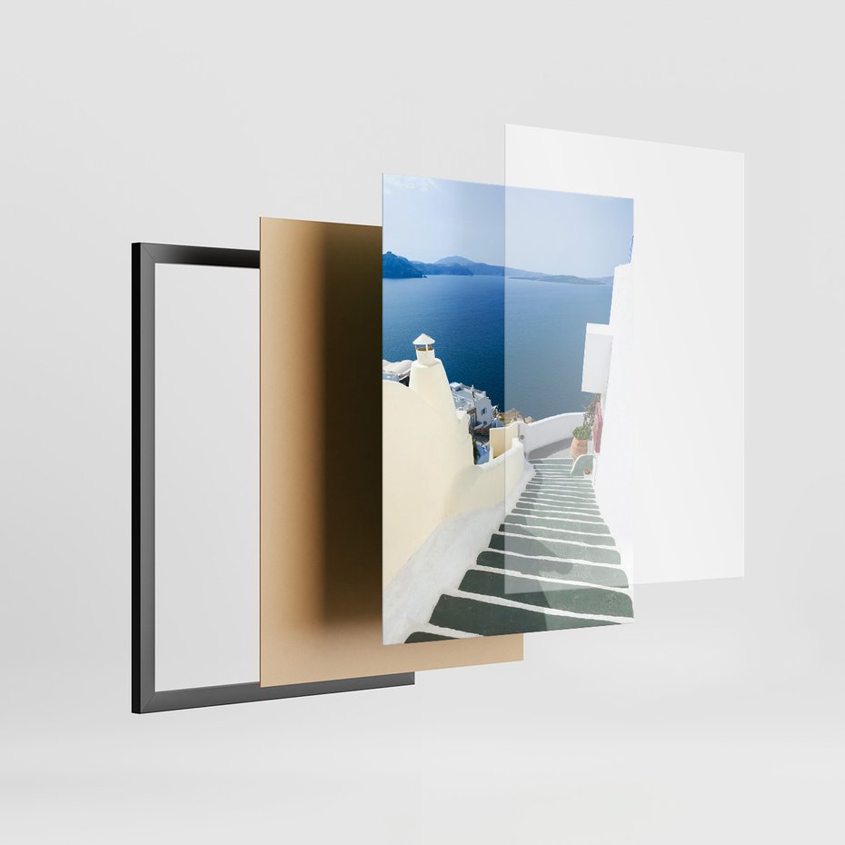 Zestaw obrazy w ramie, plakaty - Santorini, architektura, morze - rama czarna