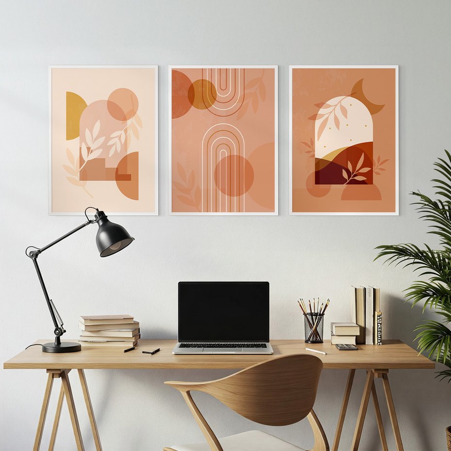 Zestaw obrazy w ramie, plakaty - abstrakcja, boho, liście - rama biała