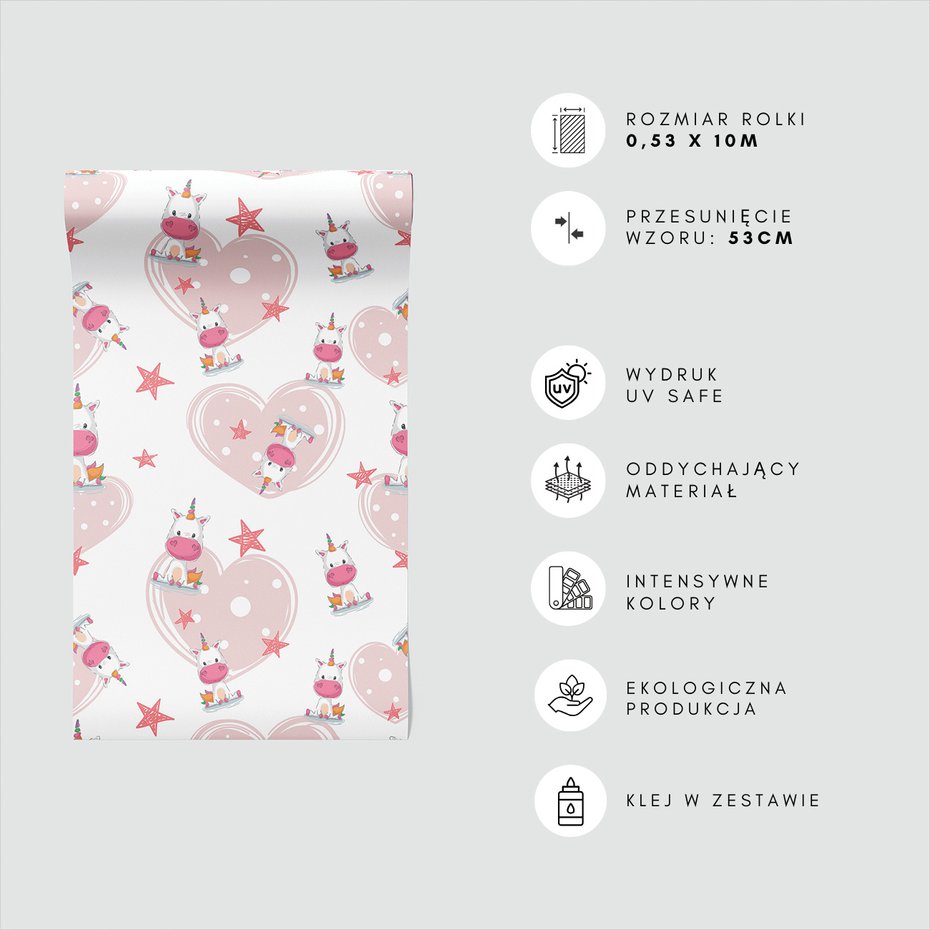 Tapeta - dziecięca, jednorożce, serca, gwiazdy