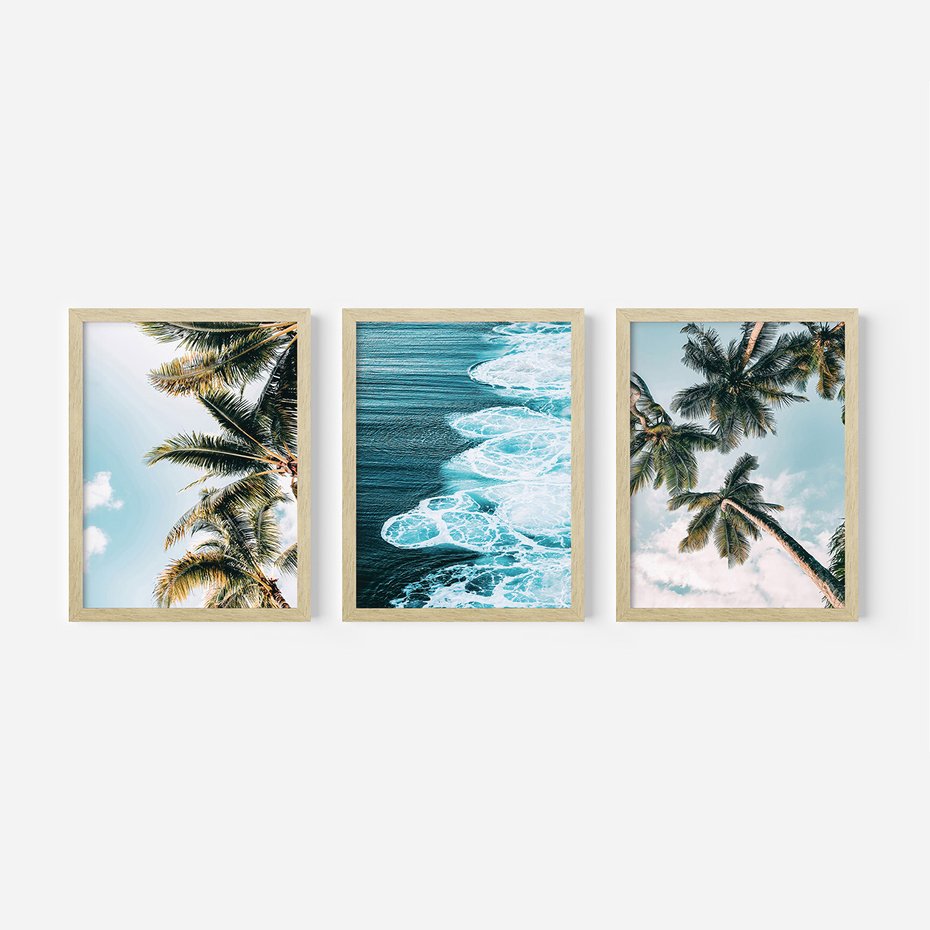 Zestaw obrazy w ramie, plakaty - palmy, morze, woda - rama drewno