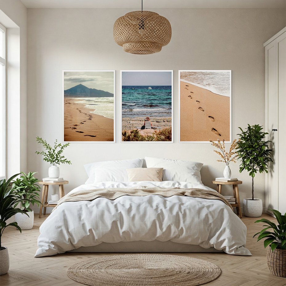 Zestaw obrazy w ramie, plakaty - plaża, morze, piasek - rama biała