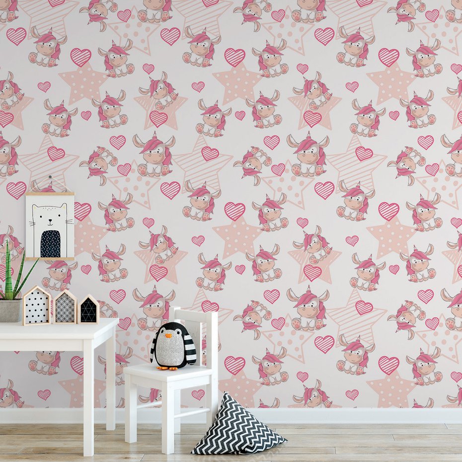 Tapeta - dziecięca, jednorożec, gwiazdy, serca