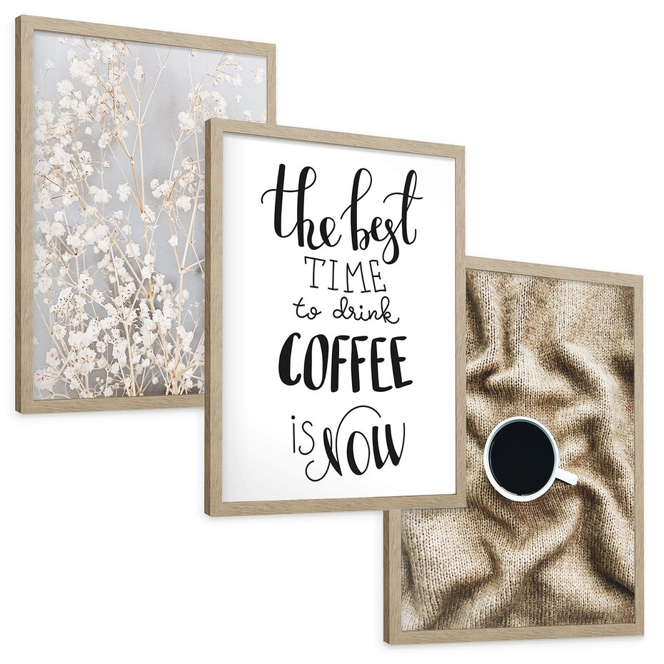 Zestaw obrazy w ramie, plakaty - kwiaty,kawa,tekst - rama drewno
