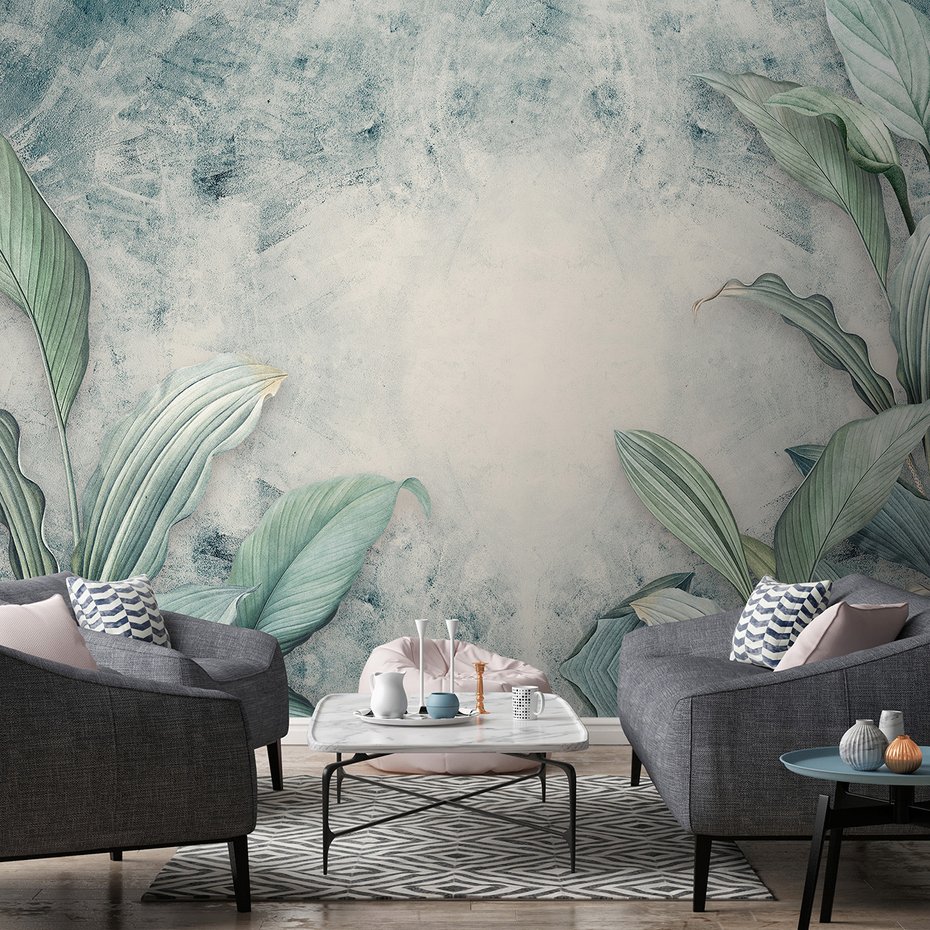 Fototapeta - tropikalne, liście, beton