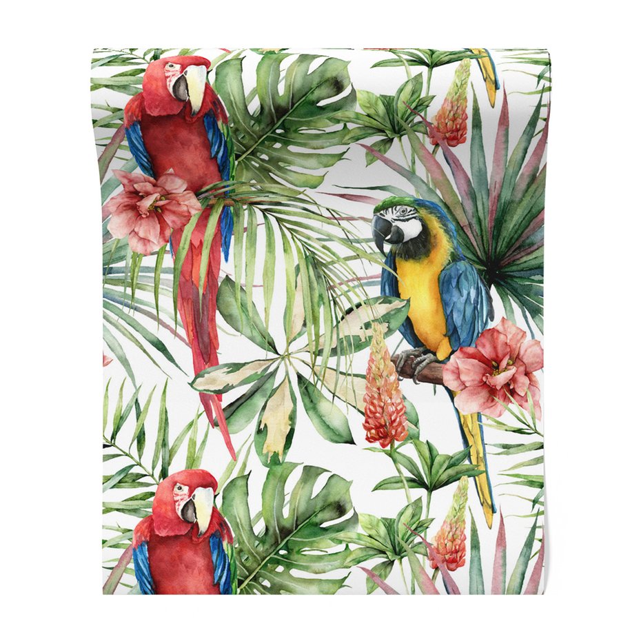 Tapeta - papugi, kwiaty, liście