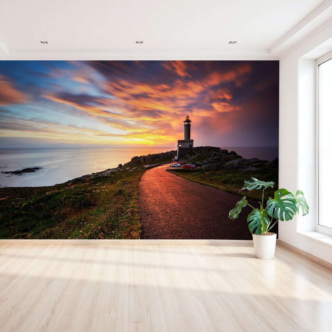 Fototapeta - latarnia morska, zachód słońca, droga