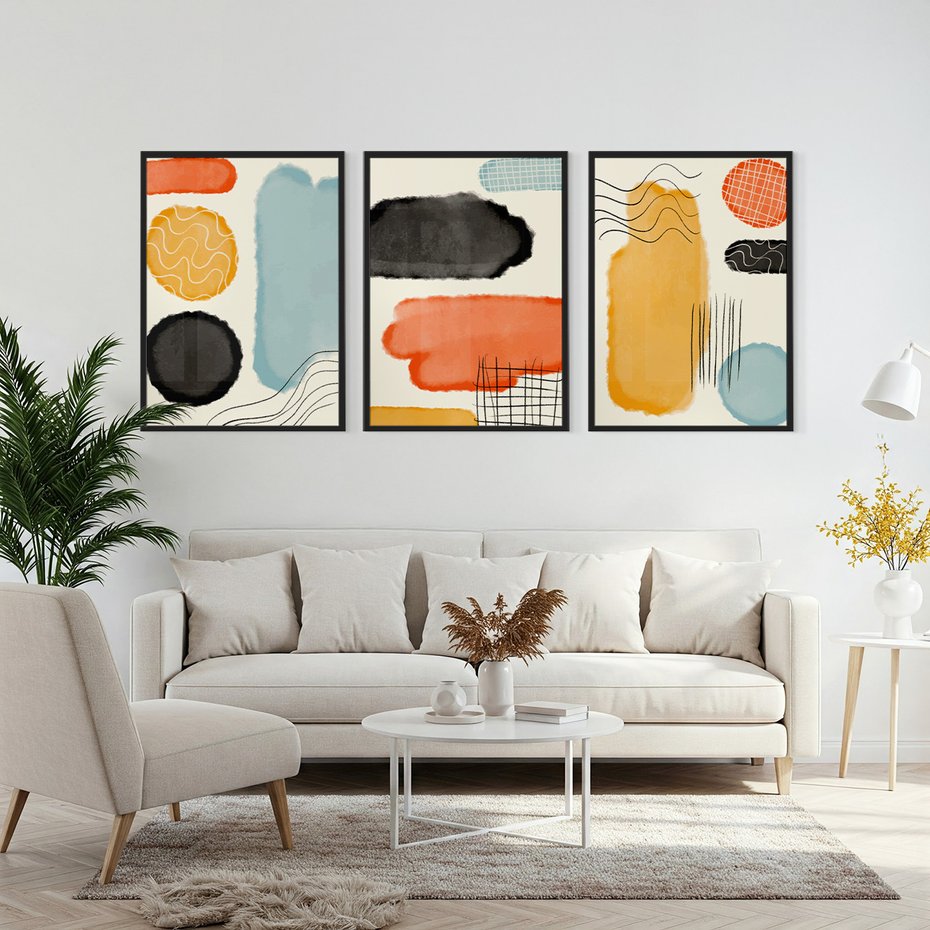 Zestaw obrazy w ramie, plakaty - abstrakcja, pastelowe, geometryczne - rama czarna