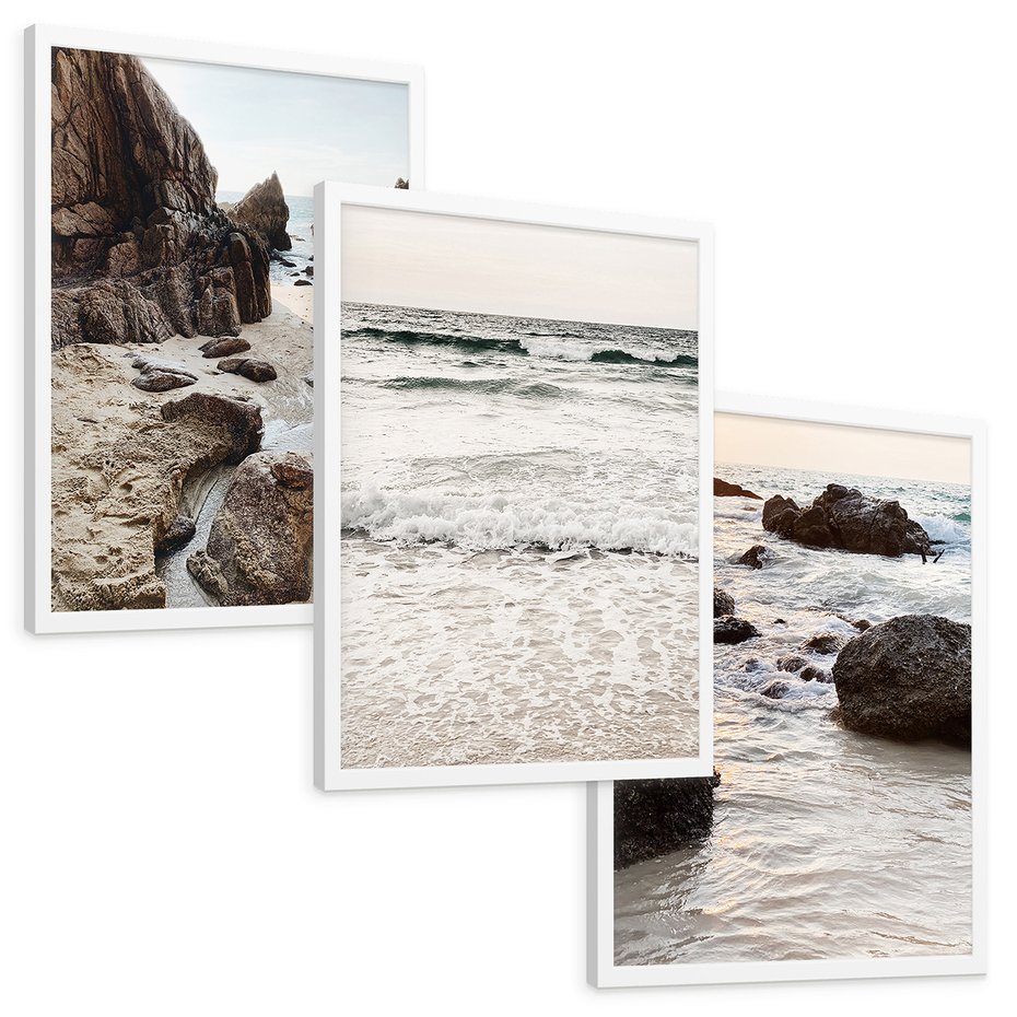 Zestaw obrazy w ramie, plakaty - plaża, morze, skały - rama biała