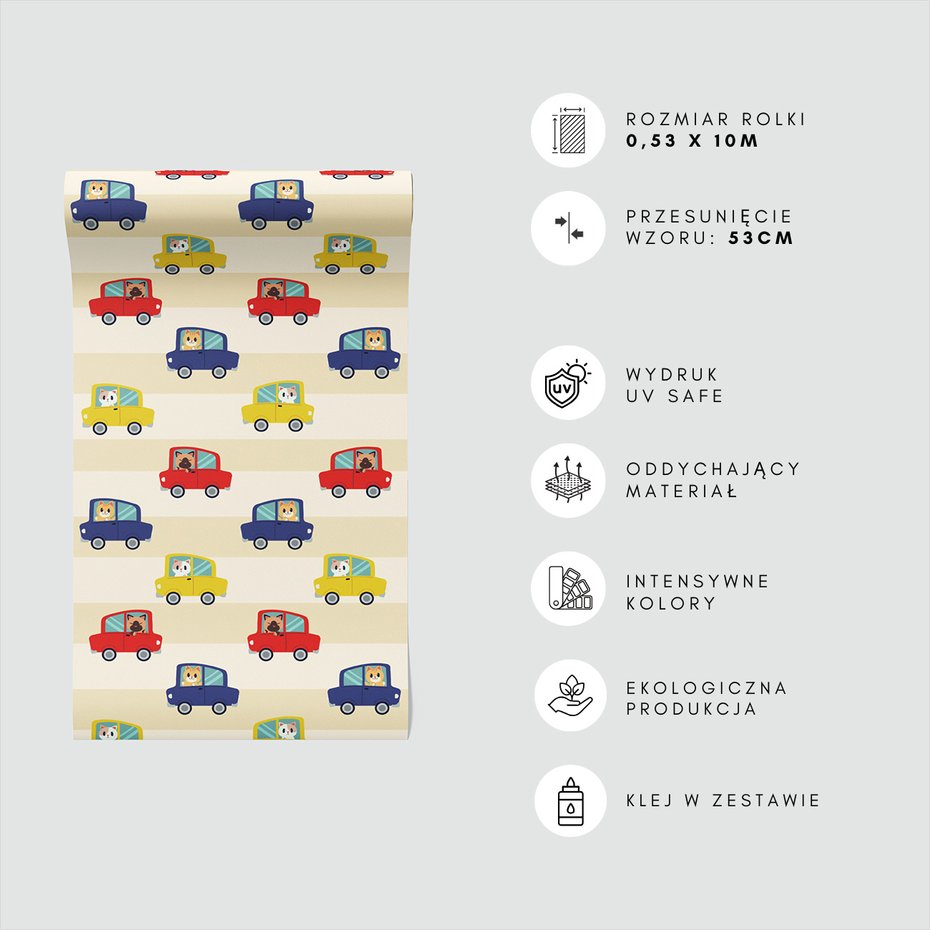 Tapeta - dziecięca, samochody, koty, tło
