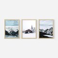 Zestaw obrazy w ramie, plakaty - zima, śnieg, góry - rama drewno