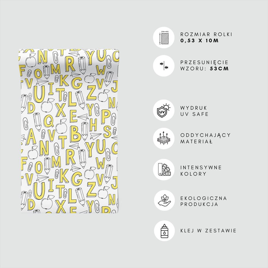 Tapeta - dziecięca, litery, ołówki, jabłka