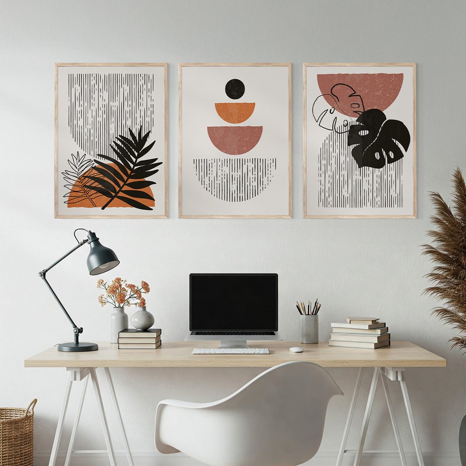 Zestaw obrazy w ramie, plakaty - abstrakcja, liście, minimalizm - rama drewno