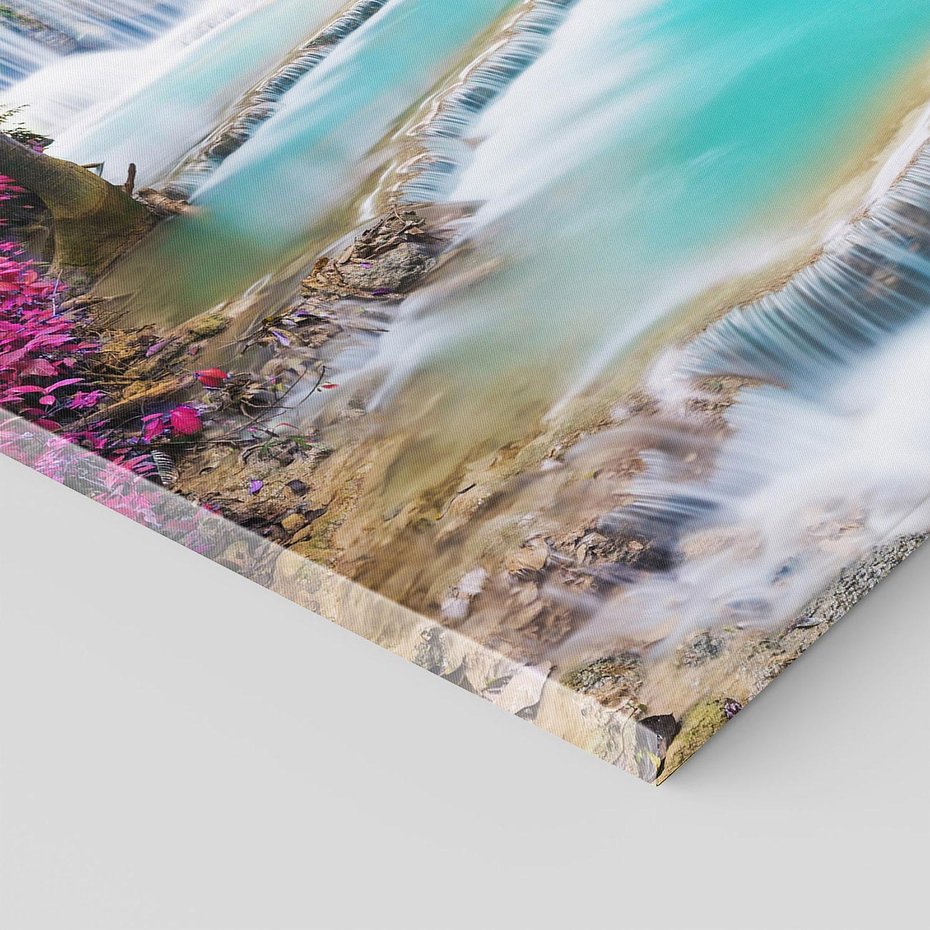 Obraz na płótnie - wodospad, turkusowy, różowy