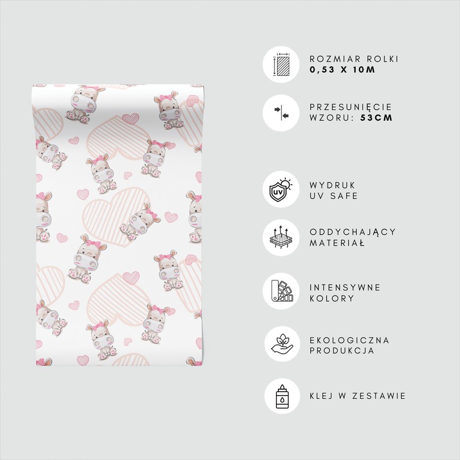 Tapeta - dziecięca, hipopotam, serca, kokardka