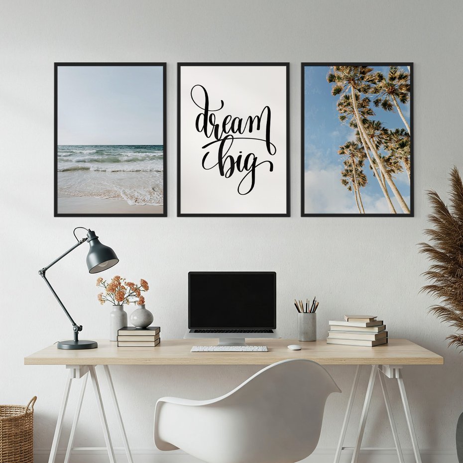 Zestaw obrazy w ramie, plakaty - plaża,palmy,morze - rama czarna