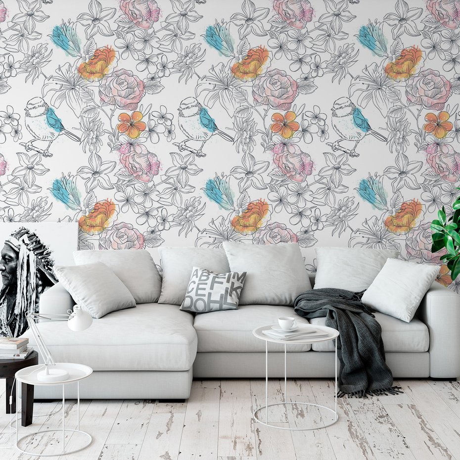 Tapeta - kwiaty, ptak, natura