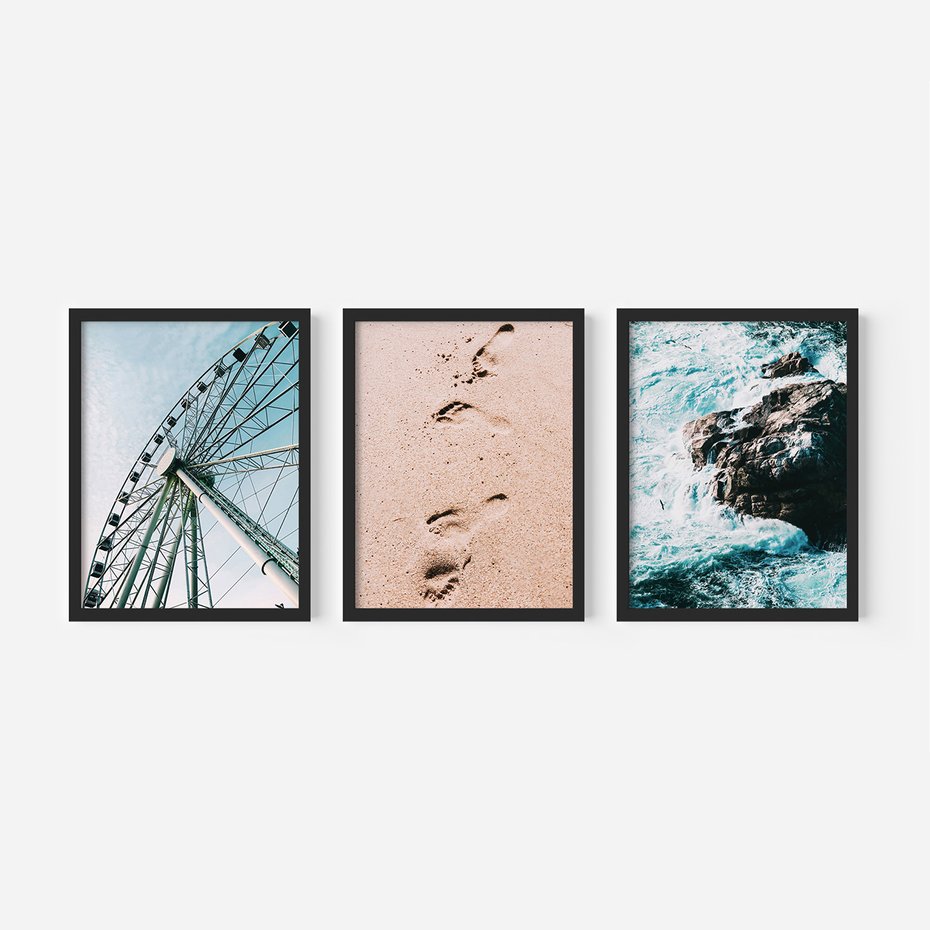 Zestaw obrazy w ramie, plakaty - atrakcje, piasek, morze - rama czarna