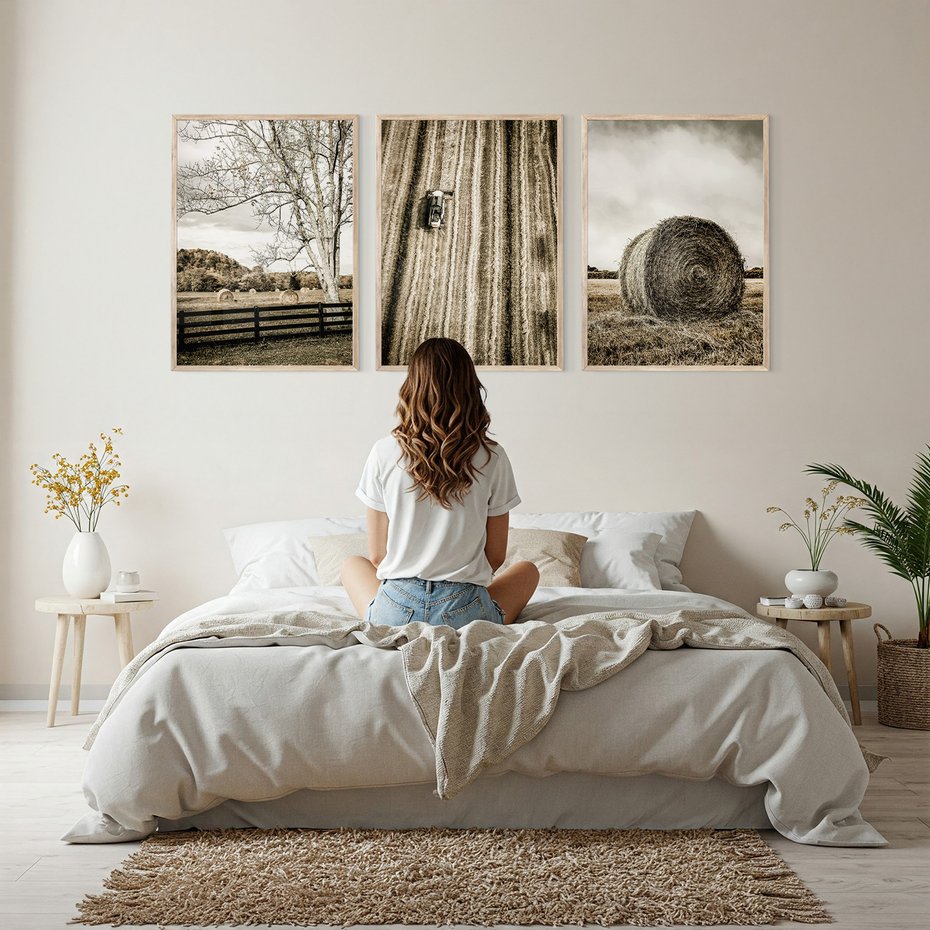 Zestaw obrazy w ramie, plakaty - wieś, pole, siano, - rama drewno