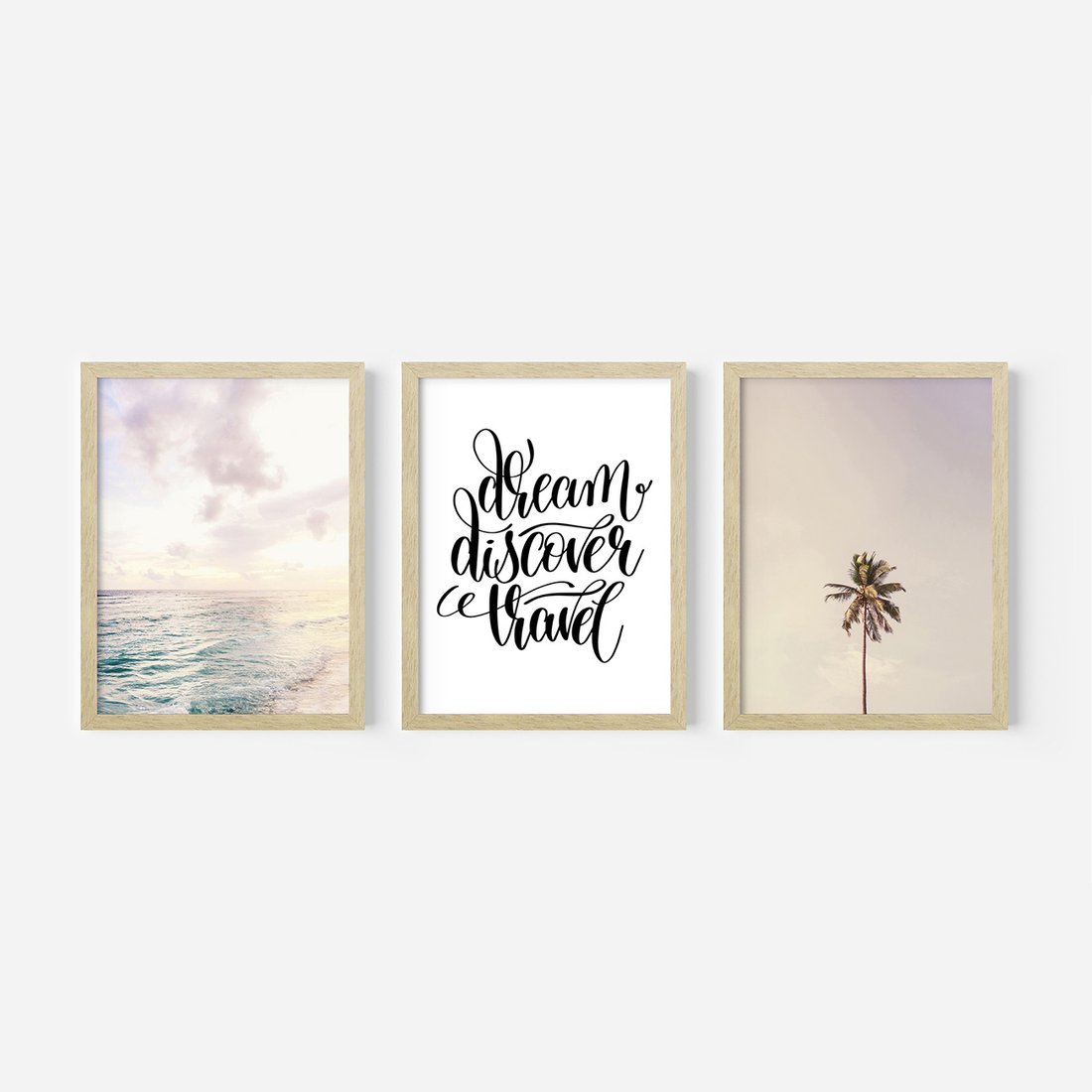 Zestaw obrazy w ramie, plakaty - plaża,palma,napis - rama drewno