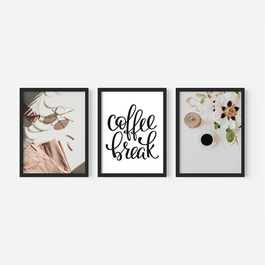 Zestaw obrazy w ramie, plakaty - kwiaty, kawa, akcesoria - rama czarna