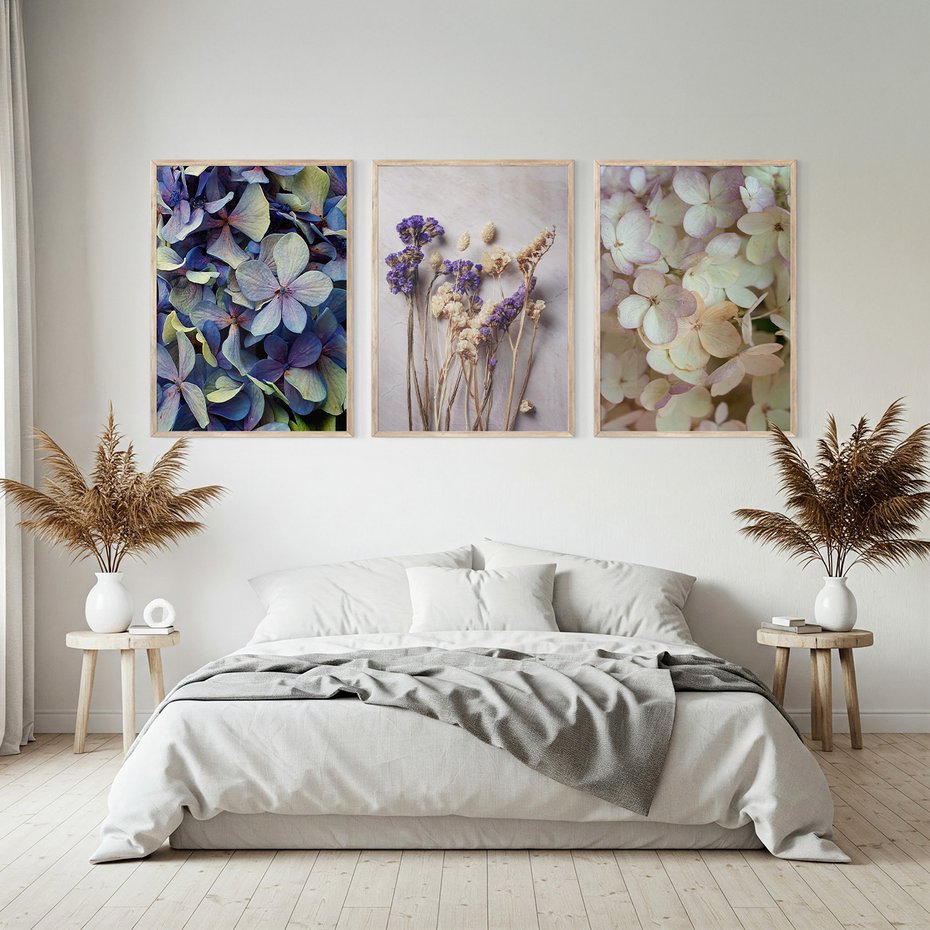 Zestaw obrazy w ramie, plakaty - kwiaty, hortensje, suszone kwiaty - rama drewno