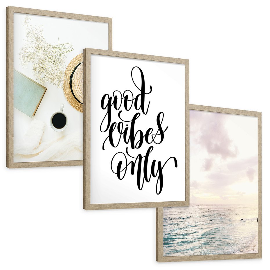 Zestaw obrazy w ramie, plakaty - kwiaty, lato, morze - rama drewno