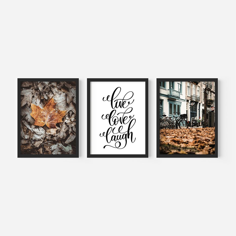 Zestaw obrazy w ramie, plakaty - liście, jesień, napisy - rama czarna