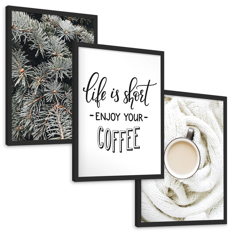 Zestaw obrazy w ramie, plakaty - igły, kawa, sweter - rama czarna