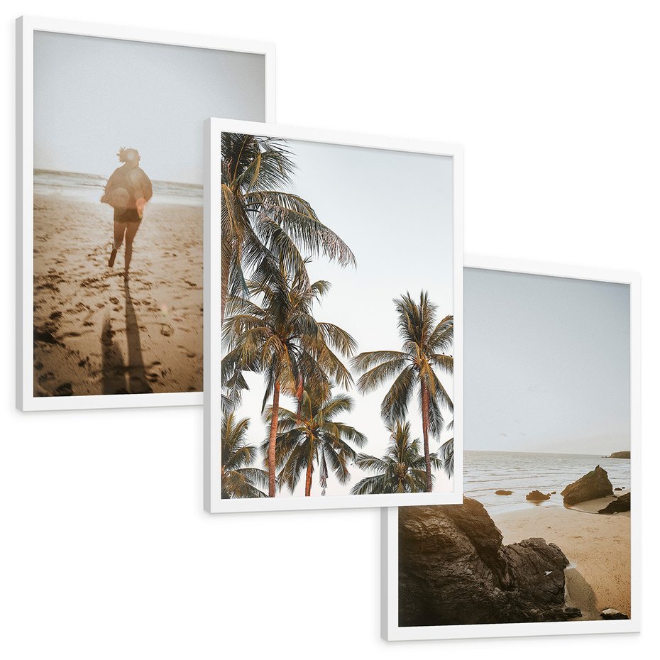 Zestaw obrazy w ramie, plakaty - plaża, palmy, morze - rama biała