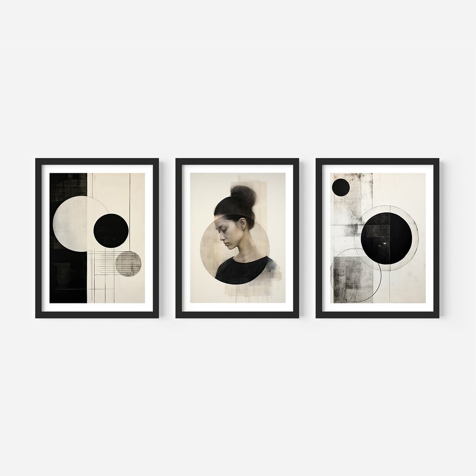 Zestaw obrazy w ramie, plakaty - abstrakcja,portret,geometria - rama czarna