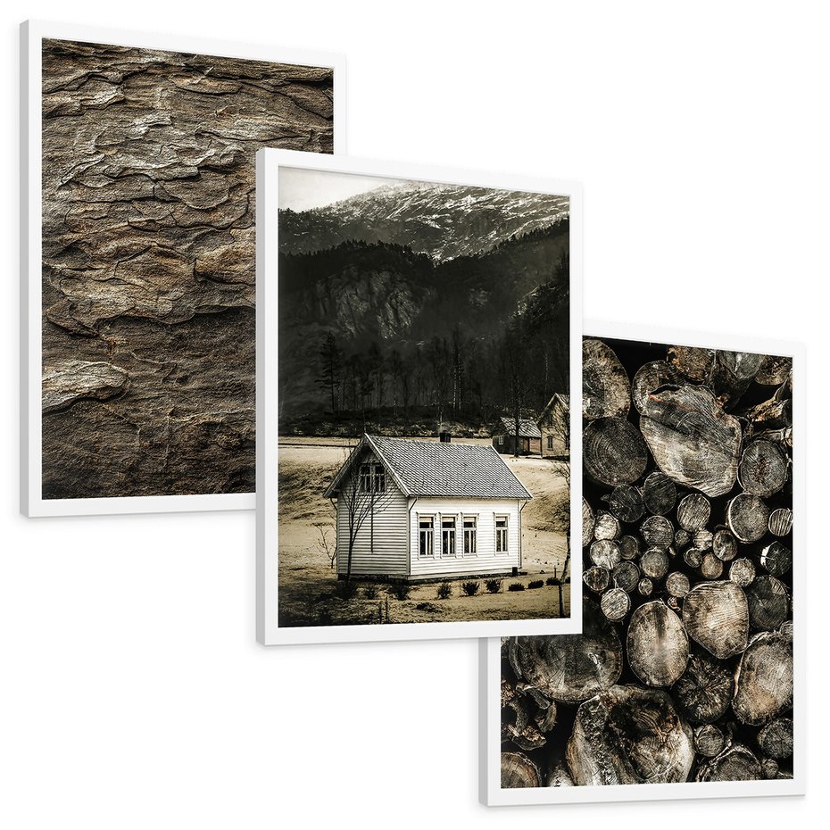 Zestaw obrazy w ramie, plakaty - dom, natura, drewno - rama biała