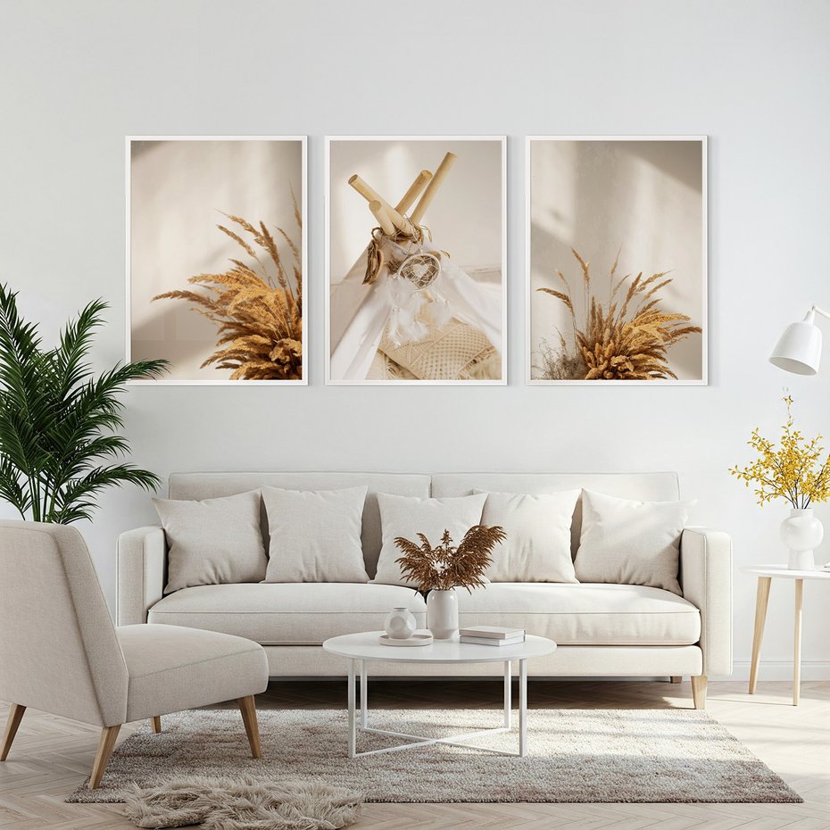Zestaw obrazy w ramie, plakaty - trawa, dekoracja, pióra - rama biała