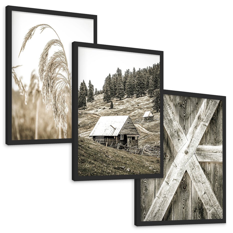 Zestaw obrazy w ramie, plakaty - natura, drewno, wieś - rama czarna