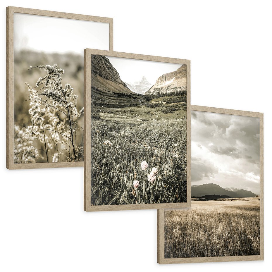 Zestaw obrazy w ramie, plakaty - krajobraz, natura, góry - rama drewno