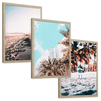 Zestaw obrazy w ramie, plakaty - plaża, palmy, budynek - rama drewno
