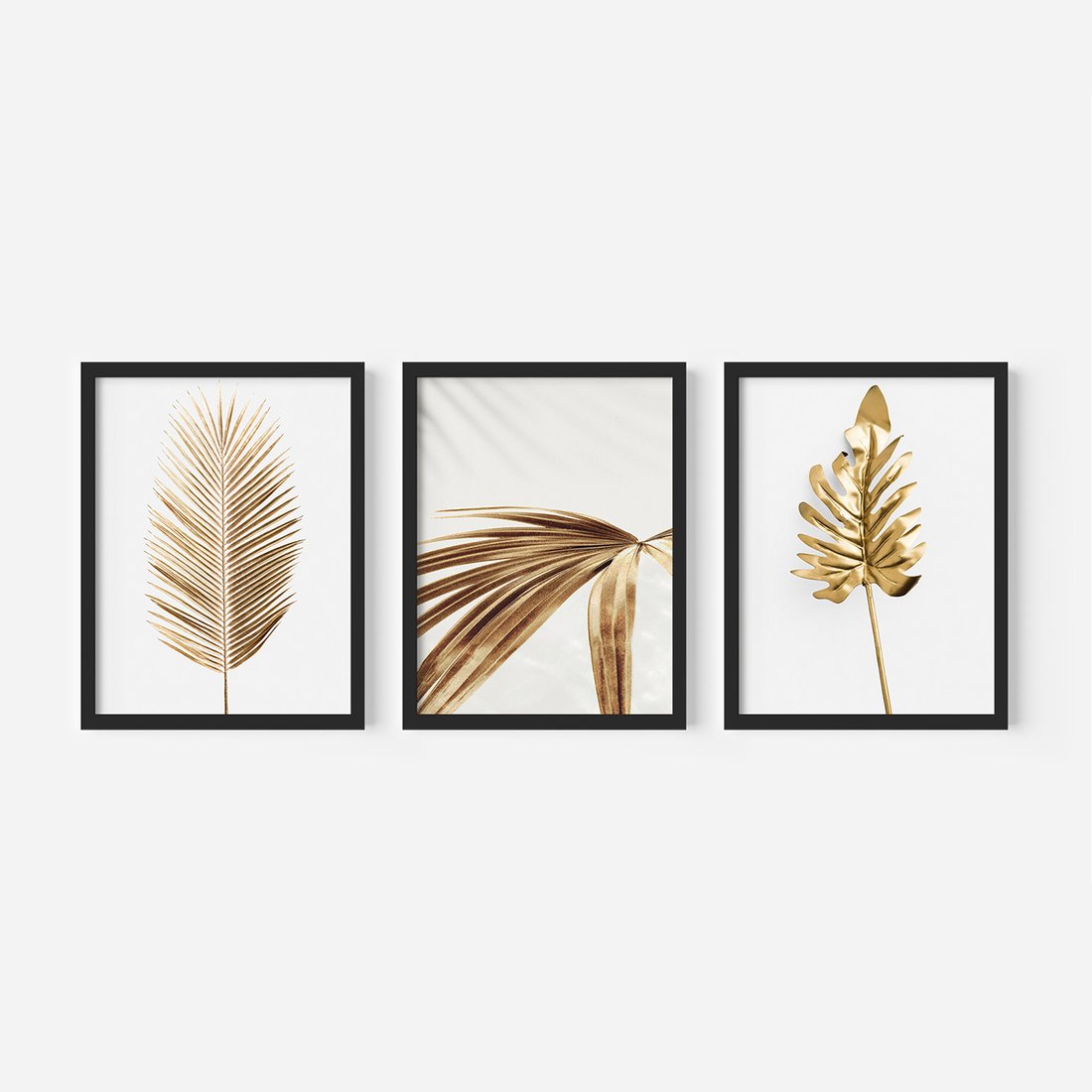 Zestaw obrazy w ramie, plakaty - liście, złoty, dekoracja - rama czarna