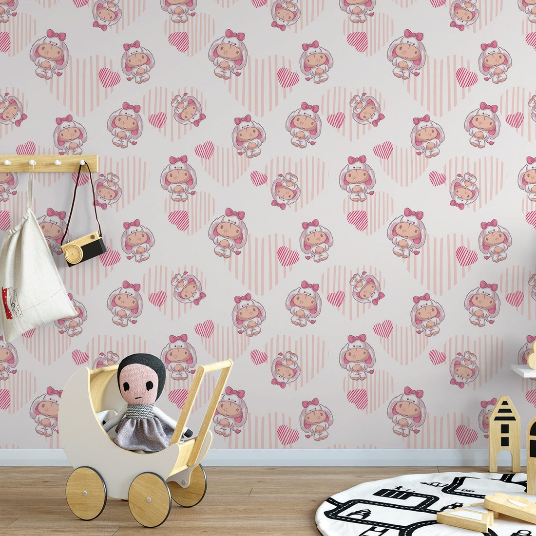 Tapeta - dziecięca, zwierzęta, serca, tło