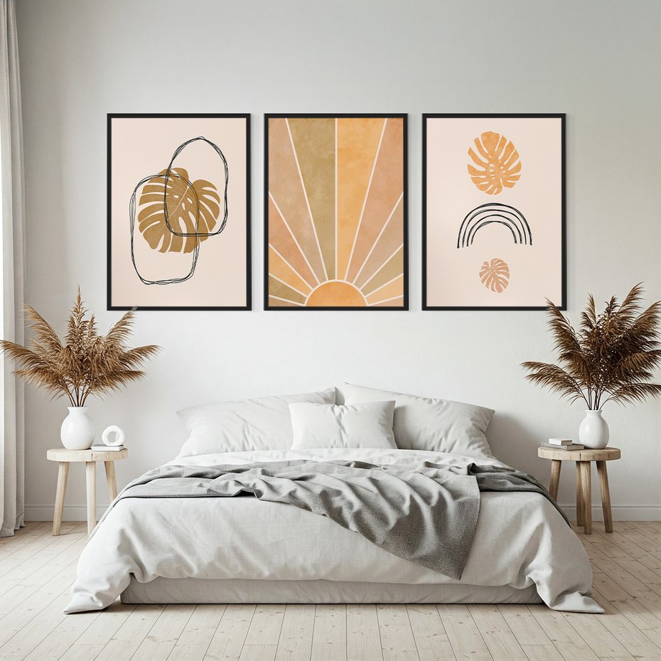 Zestaw obrazy w ramie, plakaty - liście, monstera, abstrakcja - rama czarna