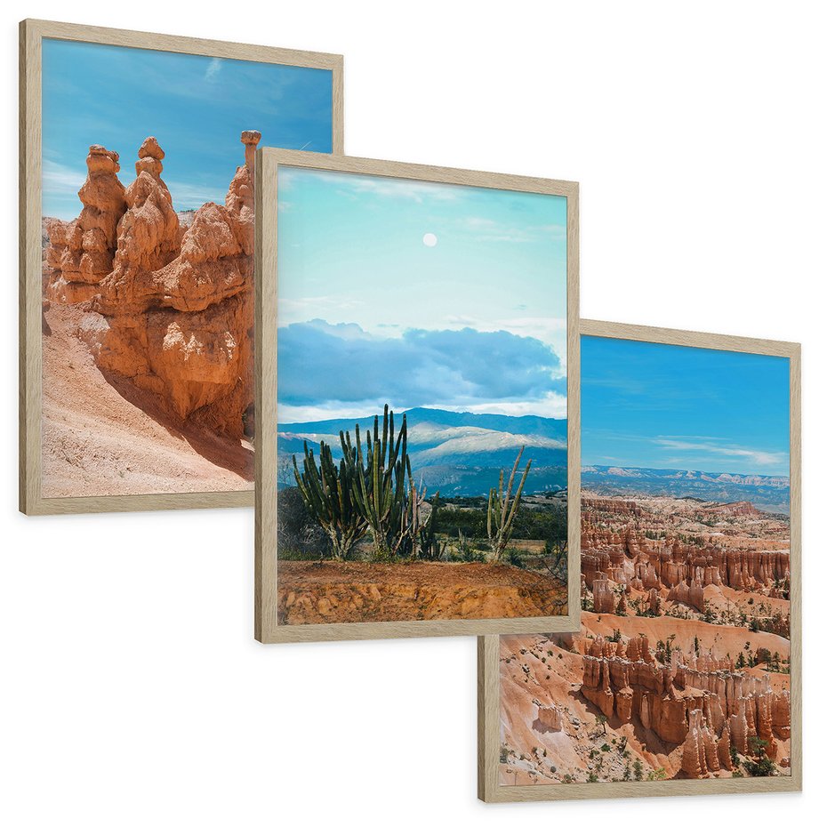 Zestaw obrazy w ramie, plakaty - formacje skalne, kanion, kaktusy - rama drewno
