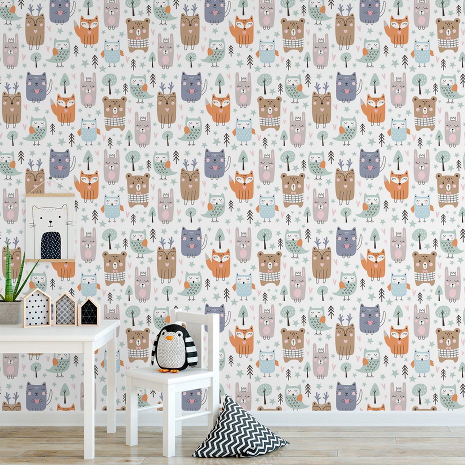 Tapeta - dziecięca, zwierzęta, drzewa, gwiazdy