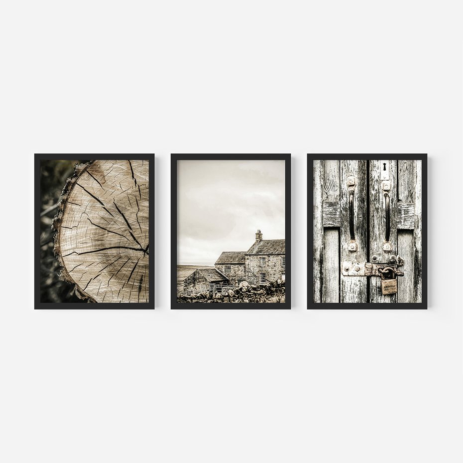 Zestaw obrazy w ramie, plakaty - drewno, tekstura, budynek - rama czarna