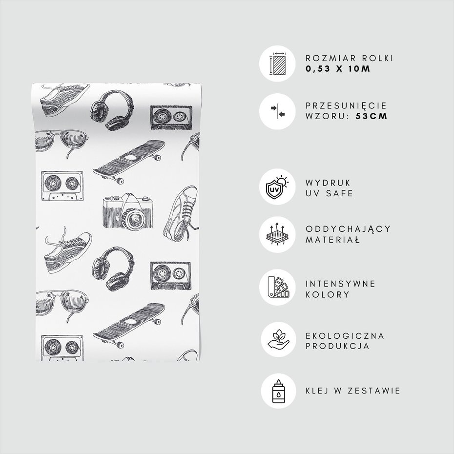 Tapeta - słuchawki, deskorolka, retro