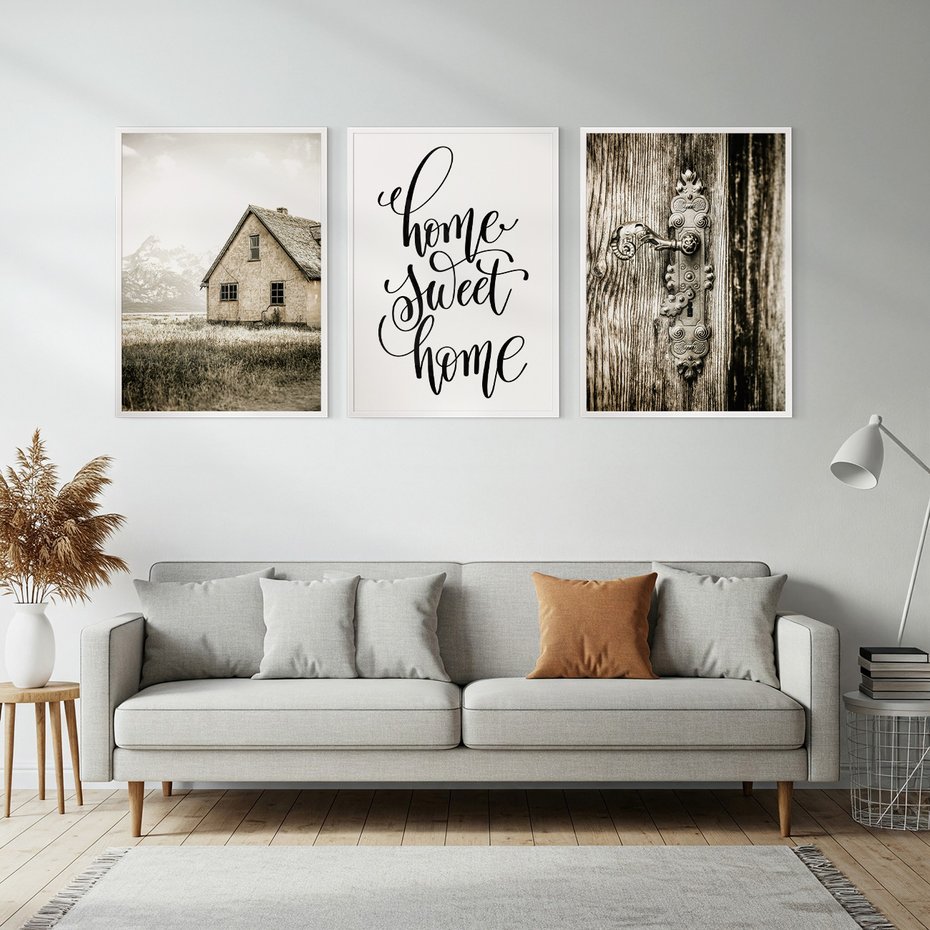 Zestaw obrazy w ramie, plakaty - dom, drzwi, rustykalny - rama biała